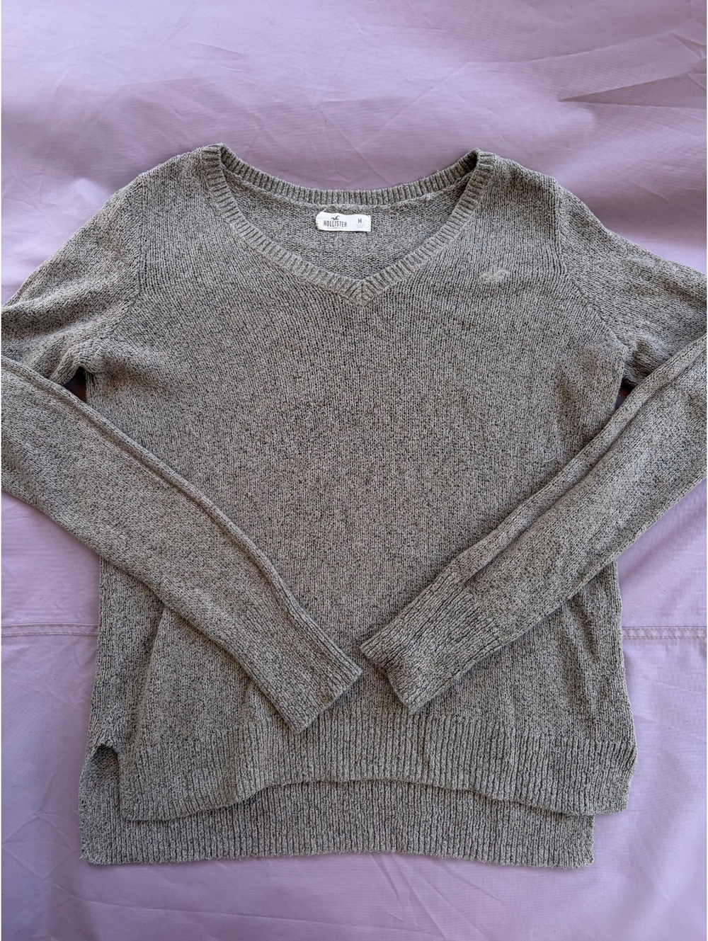 Hollister Y2K Women's Medium Gray/Beige V-Neck Sweater w/ Seagull Logo on Front